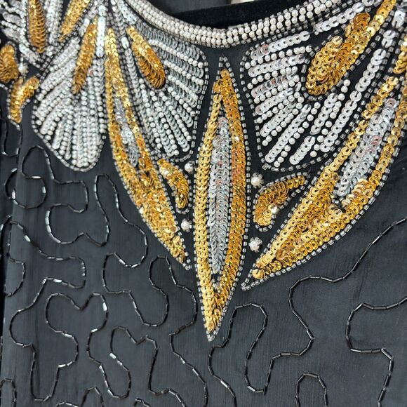 Vintage Denise Elle Beaded Sequin Top Womens 3X Gold Black Disco 80s Art Deco - Picture 5 of 13